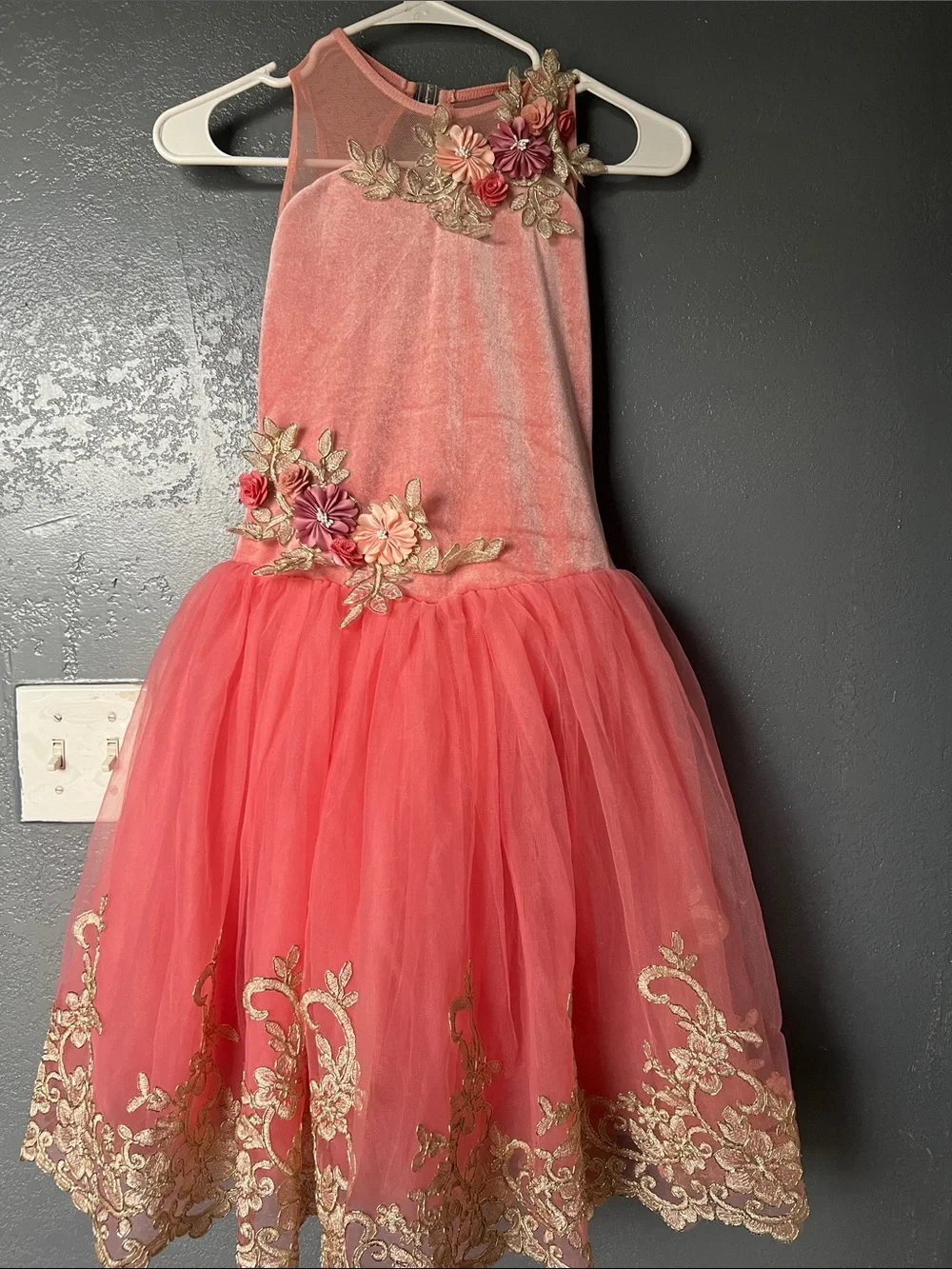 Girls Pink Floral Ballet Costume with Gold Embroidery